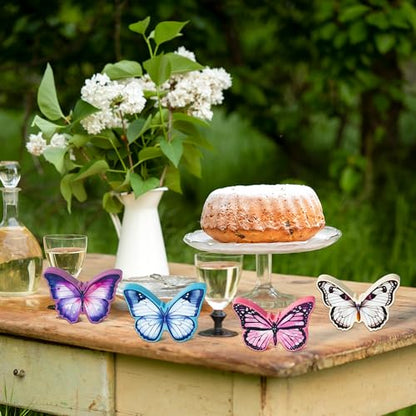 WATINC 4PCS Spring Butterfly Wooden Signs, Summer Tiered Tray Decorations, Double-sided Butterfly Printed Wood Tabletop Centerpiece Sign, Butterflies Farmhouse Rustic Party Decor for Home Kitchen - style: Butterfly
