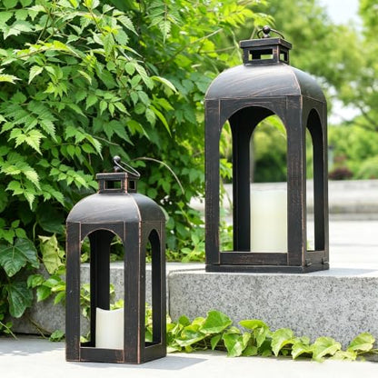 LED 랜턴 장식 야외 및 실내, 2개 세트 (43.2cm(17인치) 및 33cm(13인치)) 블랙 메탈 랜턴 장식, 빈티지 벽걸이 캔들 홀더 가정 현관 결혼식 할로윈 크리스마스 장식 배터리 전원 - color: 블랙 브론즈 브러시 / 43.2cm(17인치)+33cm(1