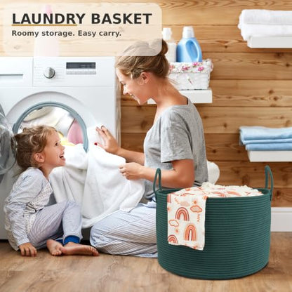 XUANGUO 66L Large Blanket Basket, Round Cotton Rope Basket, Dark Green - color: dark green