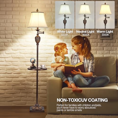 Traditional Floor Lamp with Tray, Remote Dimmable, 350° Swing Arm and Brown - color: Brown-1