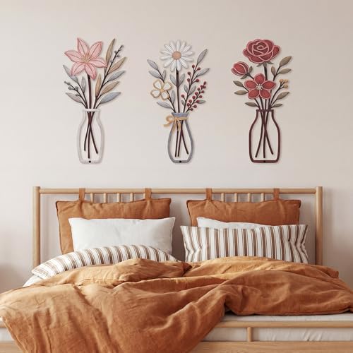 Pelopy 3 Piece Metal Flower Wall Art Rustic Farmhouse Floral Decor for Living Room, Bedroom, Bathroom, Dining Room Boho Modern Minimalist Wall Hanging Sculptures Gifts Decoration