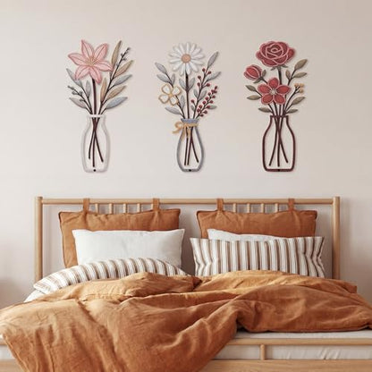 Pelopy 3 Piece Metal Flower Wall Art Rustic Farmhouse Floral Decor for Living Room, Bedroom, Bathroom, Dining Room Boho Modern Minimalist Wall Hanging Sculptures Gifts Decoration