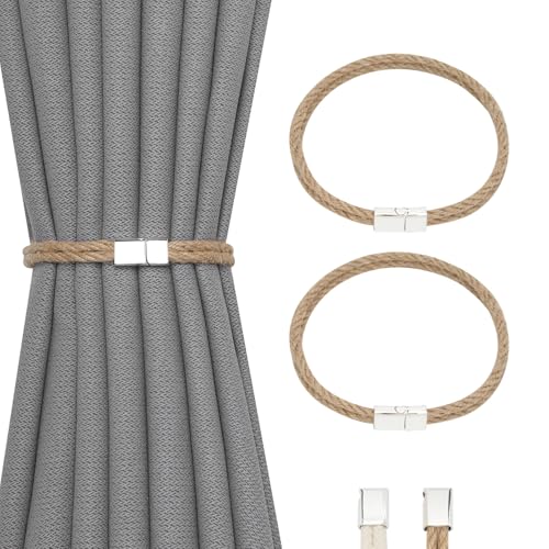 NICEEC 2 Pack Natural Jute Rope Curtain Tiebacks Elegant Boho Style Magnetic Drape Tie Backs Soft Hand-Woven Rope Curtain Holdbacks for Home & Office Drapery (Double Rope-Jute) - color: Double Rope-jute, size: 2 Pack