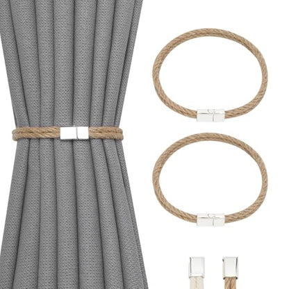 NICEEC 2 Pack Natural Jute Rope Curtain Tiebacks Elegant Boho Style Magnetic Drape Tie Backs Soft Hand-Woven Rope Curtain Holdbacks for Home & Office Drapery (Double Rope-Jute) - color: Double Rope-jute, size: 2 Pack