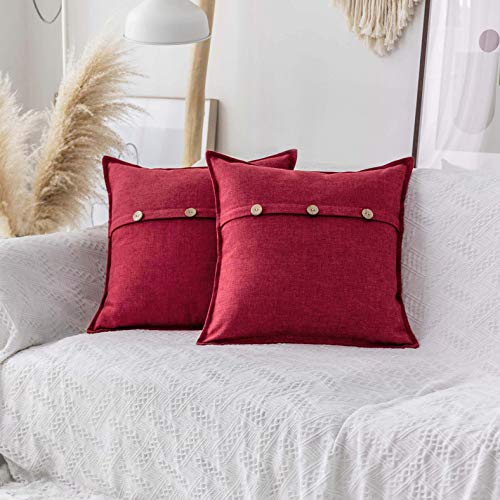 Home Brilliant Red Throw Pillows for Couch Farmhouse Rustic Accent Decorative Pillow Covers with Buttons for Sofa Bench Couch Living Room, 18x18 inches, Set of 2, Burgundy - color: Burgundy, size: 18" x 18" (Pack of 2)
