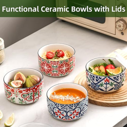 Ceramic Bowl with Lid, Microwave Safe, Set of 4 - color: Color A - Set of 4