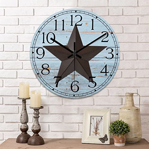 Round Farmhouse Wall Clock Western Texas Star Retro Style Wood Clock Quiet Non-ticking Battery Operated with Large Numbers Country Wall Hanging Analog Clock for Living Room Farmhouse Kitchen 15 Inch - color: Style, size: 15in