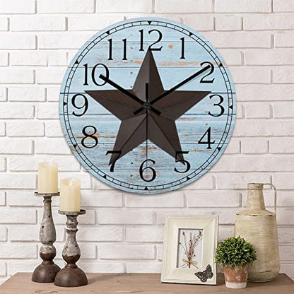 Round Farmhouse Wall Clock Western Texas Star Retro Style Wood Clock Quiet Non-ticking Battery Operated with Large Numbers Country Wall Hanging Analog Clock for Living Room Farmhouse Kitchen 15 Inch - color: Style, size: 15in