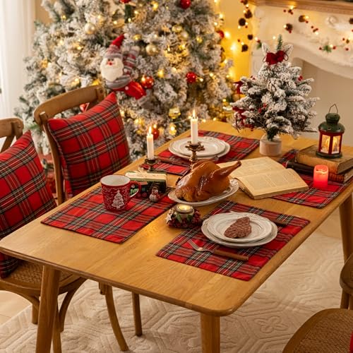 AQOTHES Christmas Plaid Placemats Set of 4 Red Green 12x18 Inch Table Decor - color: Red Big Plaid