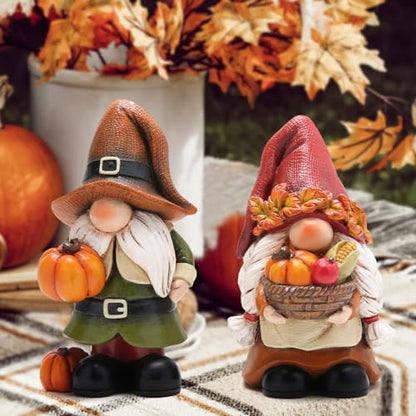 Hodao Fall Pumpkin Gnome Figurines, Thanksgiving Decorations, Set of 2 - color: Thanksgiving Gnomes-a