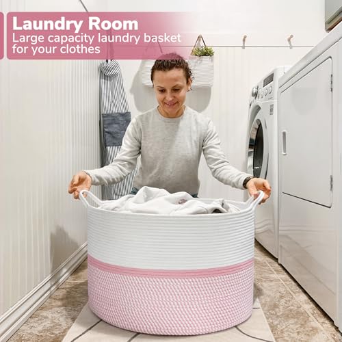 CHICVITA XXL Cotton Rope Woven Blanket Basket with Handles, Pink - color: Pink