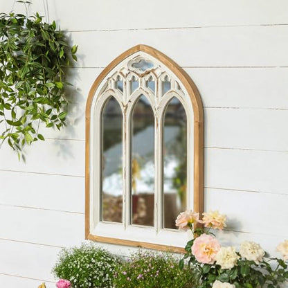 Arch Window Wall Mirror - Farmhouse Cathedral Wall Decor with Wooden Frame for Entryway Hallway Living Room - 16.14" x 1.38" x 25.2"