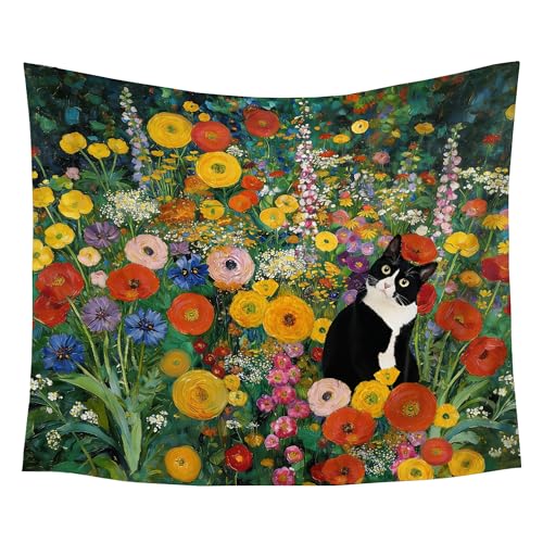 gsgfdshf Gustav Klimt Inspired Tuxedo Cat Wall Tapestry, Cat Room Decor, Colorful Floral Black and White Kitty Tapestry Wall Hanging for Bedroom Living Room Home Decor, 50x60 Inch - color: Animal-Tapestry-B