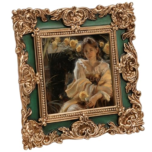 eletecpro 4x4 Vintage Picture Frame with Real Glass Cover, Green, 1-Pack | Elegant Tabletop or Wall Decor, Ornate Carved Resin Frame, Soft Velvet Backing, Easy Photo Changing - color: Green, size: 4x4
