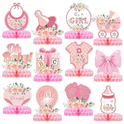 12 Pcs Baby Shower Decorations for Girl Glitter Pink Honeycomb Centerpieces - style: baby shower