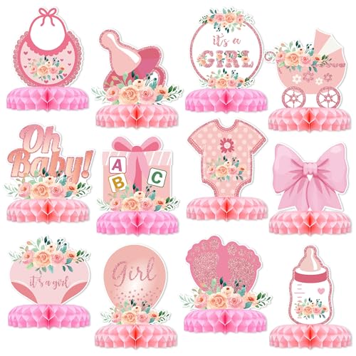 12 Pcs Baby Shower Decorations for Girl Glitter Pink Honeycomb Centerpieces - style: baby shower