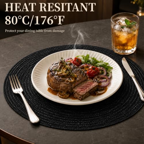 TaroKitc 15 inch Round Placemats Set of 6, Black - color: Black