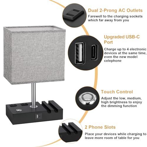 Touch Bedside Table Lamp for Bedroom, 3-Way Dimmable, USB C+A, 2 AC Outlets - color: Grey with Touch Control Base, size: 1 Pack