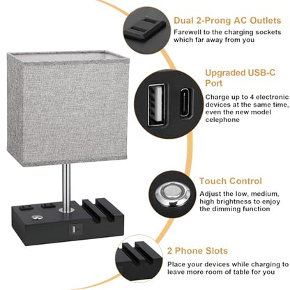 Touch Bedside Table Lamp for Bedroom, 3-Way Dimmable, USB C+A, 2 AC Outlets - color: Grey with Touch Control Base, size: 1 Pack