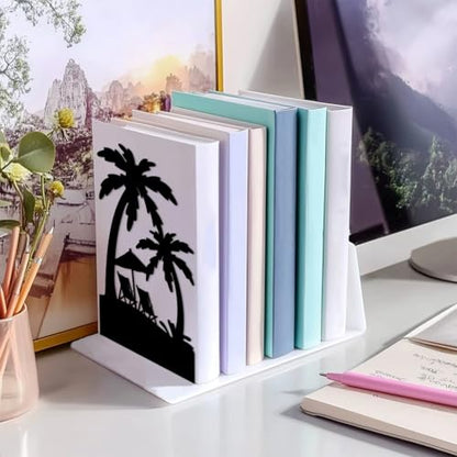Peacoblue 5.3"x4.3"x7.9" Metal Bookends, Heavy Duty Book Ends for Shelves - style: Beach and Palm