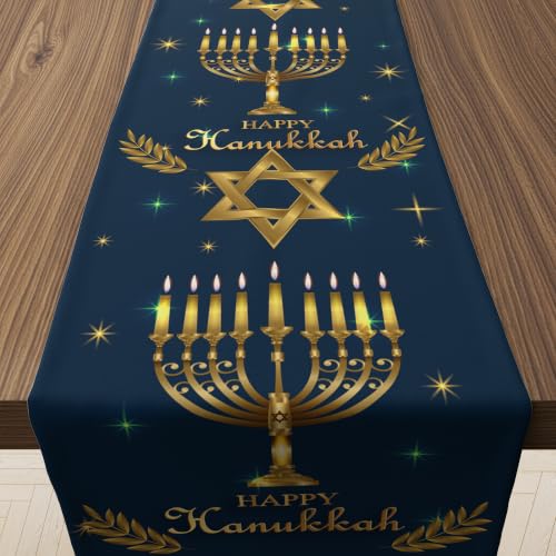 Hanukkah Decorations - Navy Blue Gold Hanukkah Table Runner - color: Navy Blue