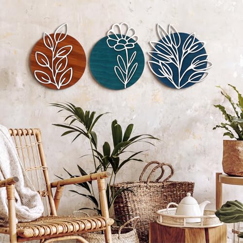 Wenqik Set of 3 Teal Style 3D Wood Metal Wall Art, Geometric Leaf - style: Teal Style