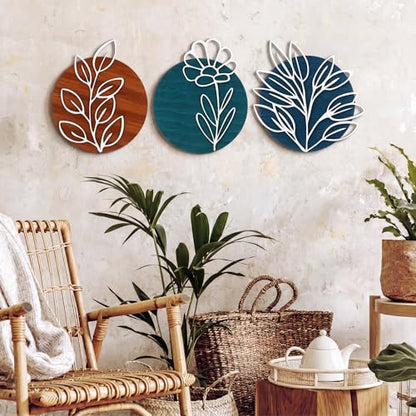 Wenqik Set of 3 Teal Style 3D Wood Metal Wall Art, Geometric Leaf - style: Teal Style