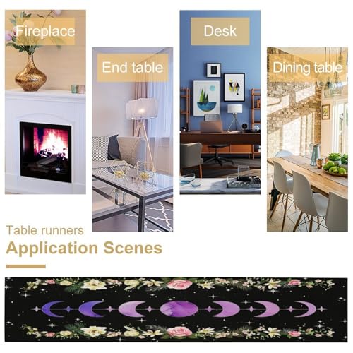 Moonflower Table Runner,Dreamy Starry Night Bohemian Flower Botanical Purple Moon Phase Stars Tabletop Restaurant Dining Kitchen Wedding Party 13x36 Inch - color: Moon Style-20, size: W13X L36