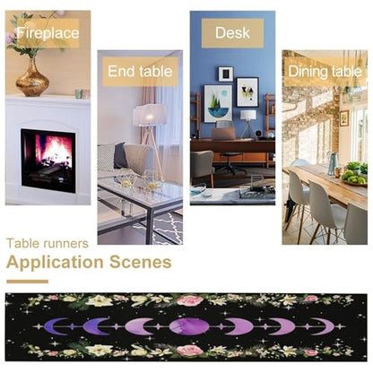 Moonflower Table Runner,Dreamy Starry Night Bohemian Flower Botanical Purple Moon Phase Stars Tabletop Restaurant Dining Kitchen Wedding Party 13x36 Inch - color: Moon Style-20, size: W13X L36