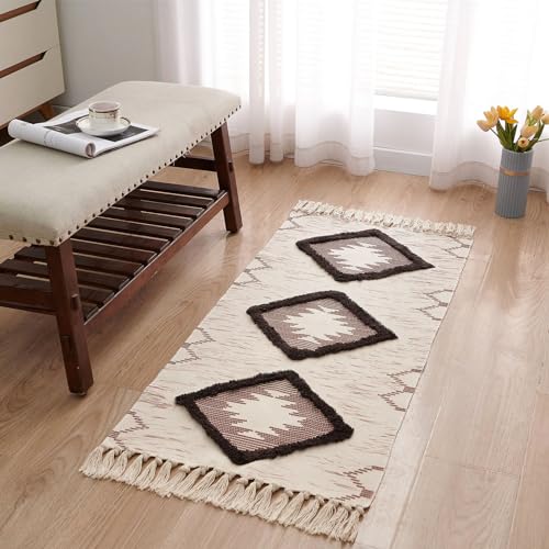 Boho Runner Rug 2'x4.3', Washable Hallway Rug Runner Non Slip Rubber Backed, Kitchen Farmhouse Area Rug Floor Mat with Tassels, Tufted Woven Cotton Entryway Carpet, Brown - color: Brown, size: 2' x 4'3" (Runner)