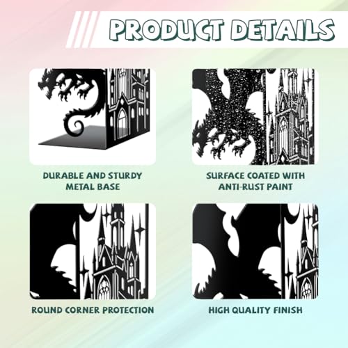 Peacoblue 5.5"x4.3"x8.3" Metal Bookends, Heavy Duty Book Ends for Shelves - style: Dragon with Castle and Moon