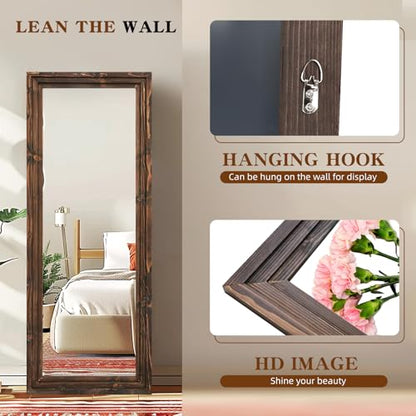 58x22in Full Length Mirror, 3-Tier Stepped Solid Wood Frame, Brown - color: Brown, size: 58"L x 22"W