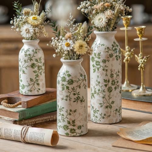 Teweiqi Vintage Vase Set of 3, Ceramic Flower Vases Chinoiserie Decor, Rustic Farmhouse Vases Retro Decorative Vases, for Home Living Room Kitchen Table Mantle Shelf Decor - Green and White - color: Green and White, size: set of 3
