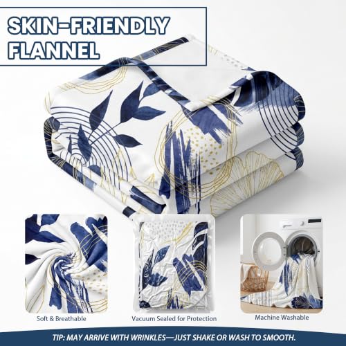 Blue Leaf Throw Blanket, Navy Blue and Gold, 60x80 in - color: Blue, size: 60"Wx80"L