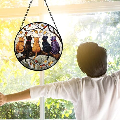 5 Cats on a Branch Stained Glass Window Hanging Suncatcher Gifts 12" - color: Black, size: 11.8x11.8 IN