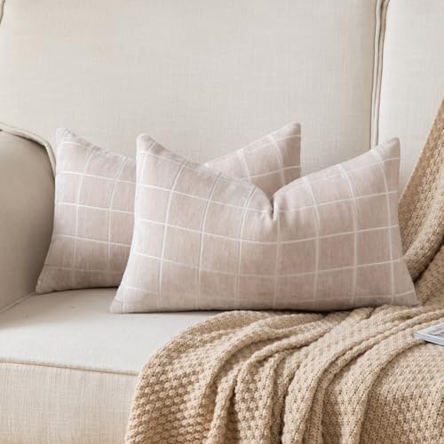 Set of 2 Chenille Check Throw Pillow Covers Decorative Vintage Plaid Pillowcase Neutral Boho Couch Pillows Farmhouse Cushion Covers for Sofa Couch Living Room 30x50 Inch,Beige - color: Beige, size: 20" x 12" (Pack of 2)