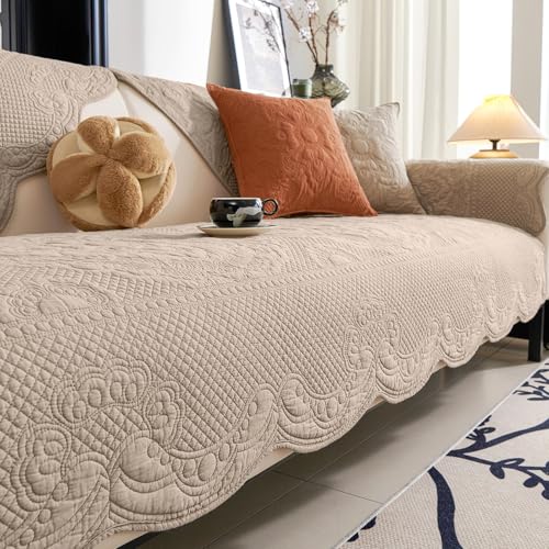 vctops Boho Cotton Quilted Couch Cover Soft Embroidered Sofa Cover Non-Slip Dog Bed Cover Scalloped Sofa Slipcover Washable Furniture Protector Cover (Khaki,28"x82") - color: Khaki, size: 1pc/28"x82"/Rectangular