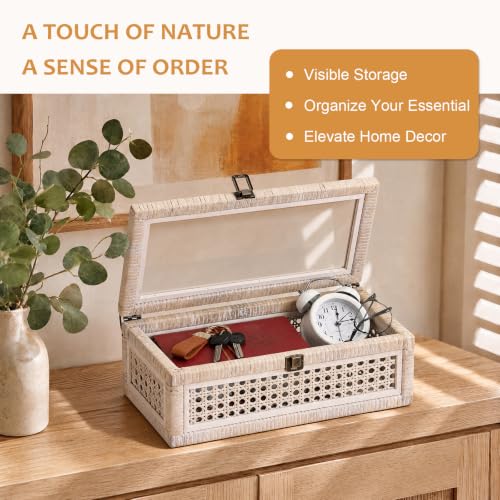 Hipiwe Rattan Display Box with Clear Lid Decorative Storage Basket, Medium - color: Whitewash Color, size: Medium,12.6"x6.7"x4.4"