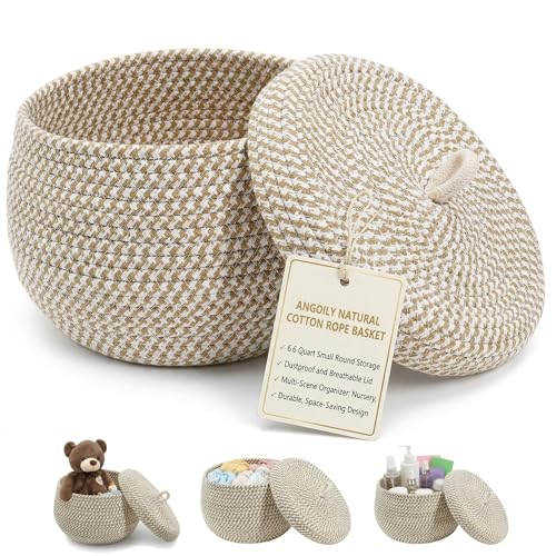 Angoily Storage Basket, 6.6 Quarts Woven Cotton Rope Basket with Lid, 1.6 Gal Small Round Decorative Storage Organizier Bin Box for Nursery, Living Room, Blanket, Home Decor, Bedroom