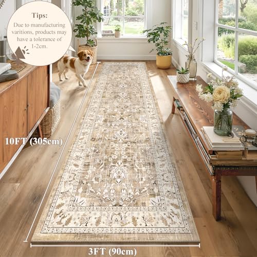 LOKHOM 3x10 Washable Hallway Runner Rug, Boho Non-Slip Kitchen Rugs, Beige - color: Beige Brown, size: 3' x 10' (Rectangular)