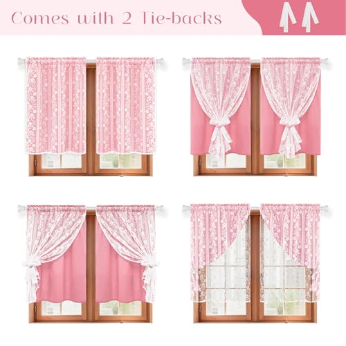 ASPMIZ Pink Kitchen Curtains Double Layer Curtains with Linen Lace, Linen Kitchen Window Curtain 36 inch Length, Farmhouse Tier Curtain with 2 Tiebacks, Rod Pocket Window Treatments for Cafe Bathroom - color: Deep Pink, size: 26"W x 36"L (Pack of 2), styl