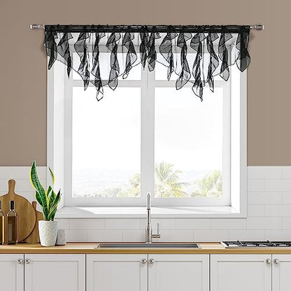 PearAge Ruffled Voile Semi Sheer Curtain Valance, Kitchen Living Room Shabby Chic Ruffle Valance Curtains, Girls Daughters Bedroom Cascade Window Valance 52x26 Inches (Black-Triangle) - color: Black