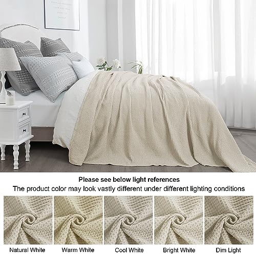 PHF 100% Cotton Waffle Blanket Lightweight Breathable, Queen Linen/Stone - color: Linen/Stone, size: Queen(90" x 90")