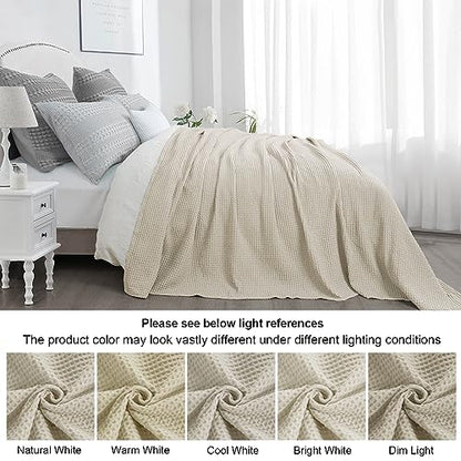 PHF 100% Cotton Waffle Blanket Lightweight Breathable, Queen Linen/Stone - color: Linen/Stone, size: Queen(90" x 90")