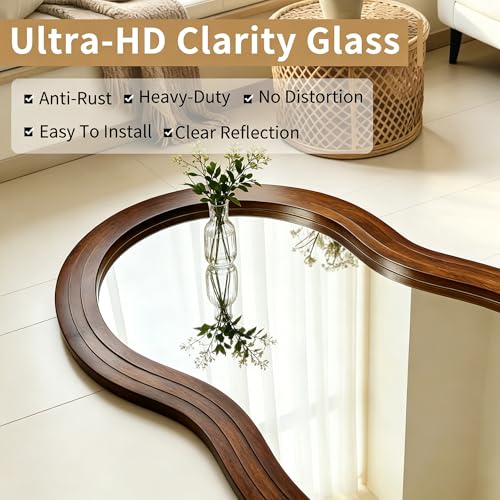 71"x33.5" Wavy Full Length Mirror with 3-Layer Solid Wood Frame - color: Walnut Wavy Frame, size: 71"L x 33.5"W