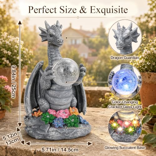 Solar Dragon Garden Statues Outdoor Decor, Resin Pterosaur Figurine Decoration with Glass Ball Lantern, Cute Sculpture for Patio, Yard, Lawn, Perfect Garden Gift for Women Mom Grandma