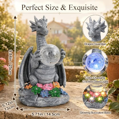 Solar Dragon Garden Statues Outdoor Decor, Resin Pterosaur Figurine Decoration with Glass Ball Lantern, Cute Sculpture for Patio, Yard, Lawn, Perfect Garden Gift for Women Mom Grandma