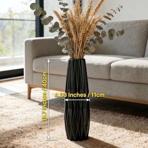 Black Tall Ceramic Floor Vase, 15.7 Inch, Ribbed Design - size: 15.7 Inch