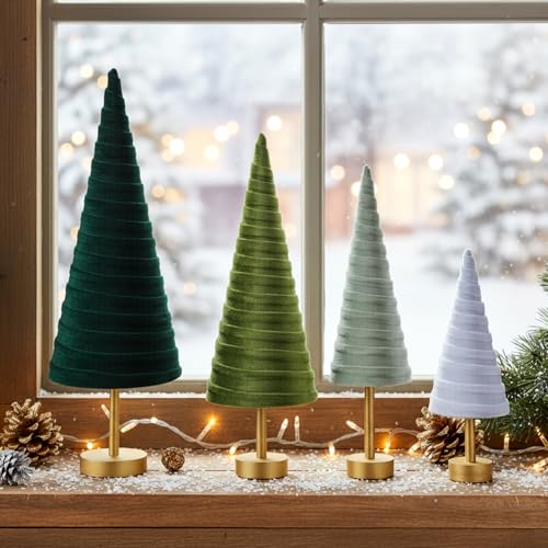 Hoolerry 4 Pcs Christmas Velvet Trees with Gold Pedestal, Forest Green - color: Forest Green