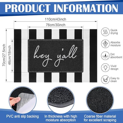 Geelin 2 Pcs Layered Hey Y'all Doormat, Black and White Striped Rug Set - style: Stripe Hey Y'all